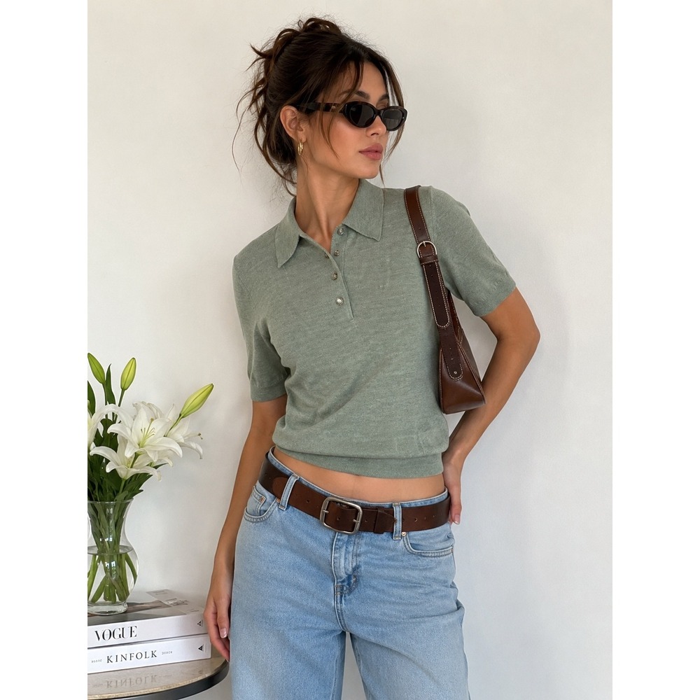 Sage Green Knit Polo Top Soft Girl Y2K Preppy Short Sleeve Sweater size S capsul